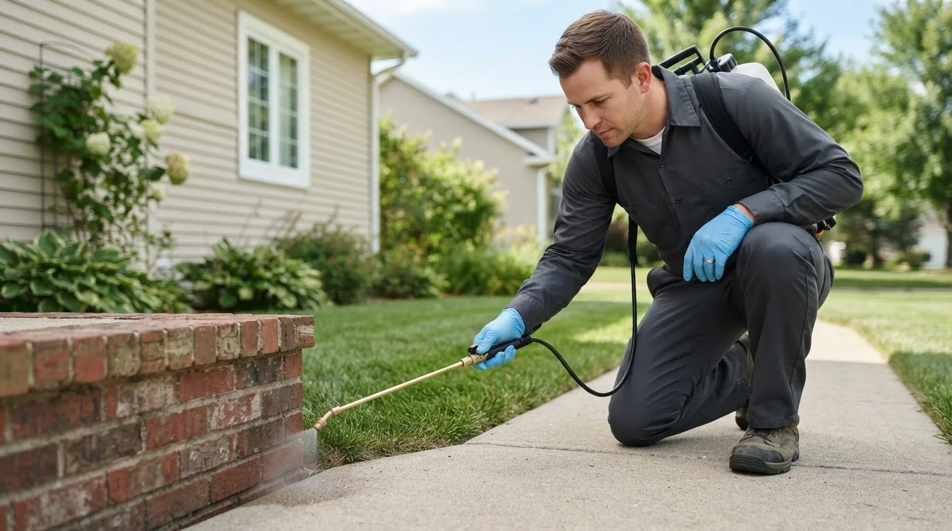 Pest control technician treating a home near Amboy, IL