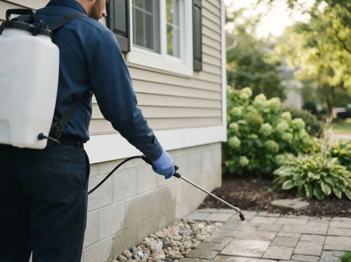 Pest control technician inspecting a home in Amboy, IL